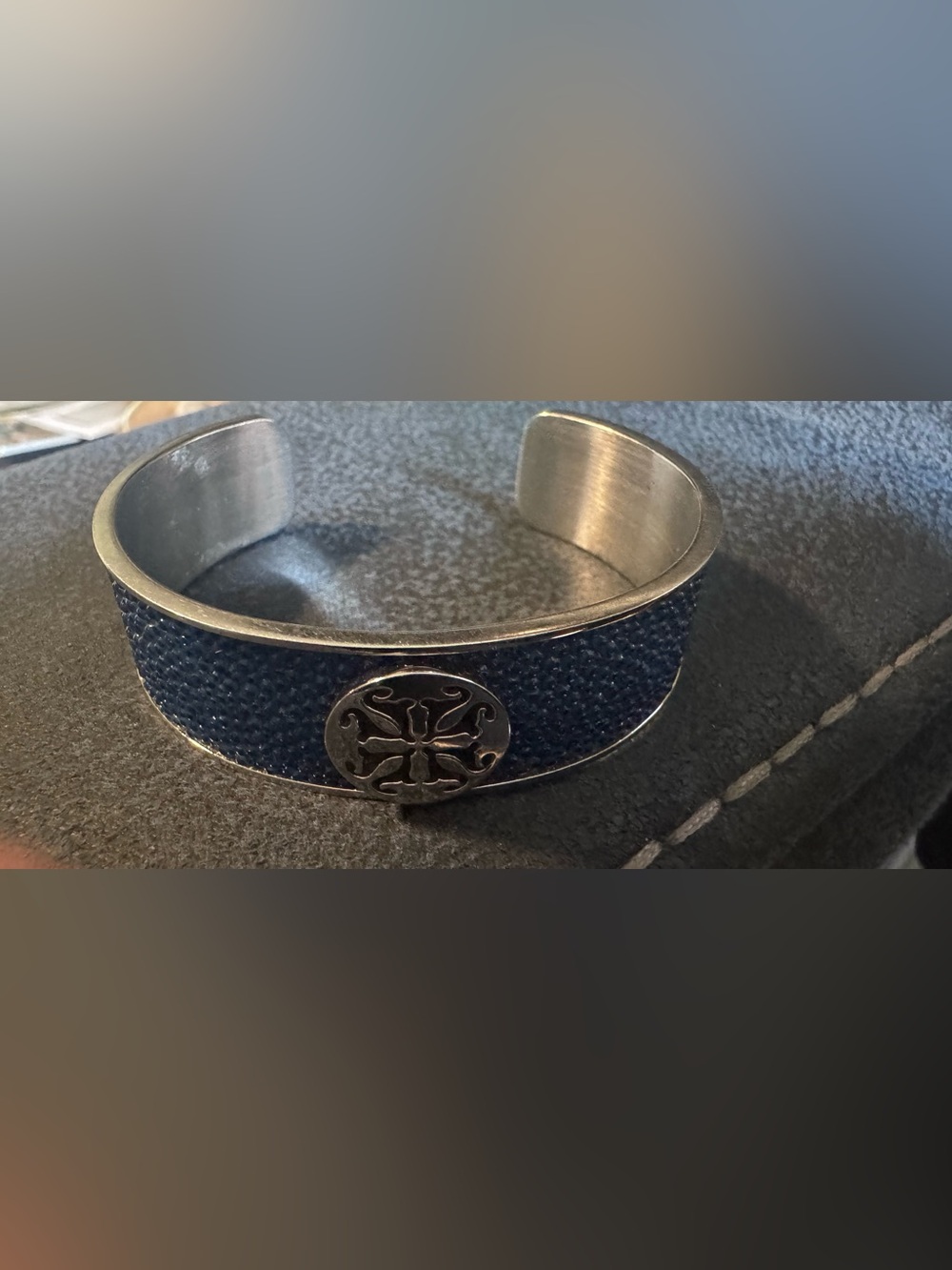Rustic Cuff Blue Leather and Silver Metal Cuff Bracelet